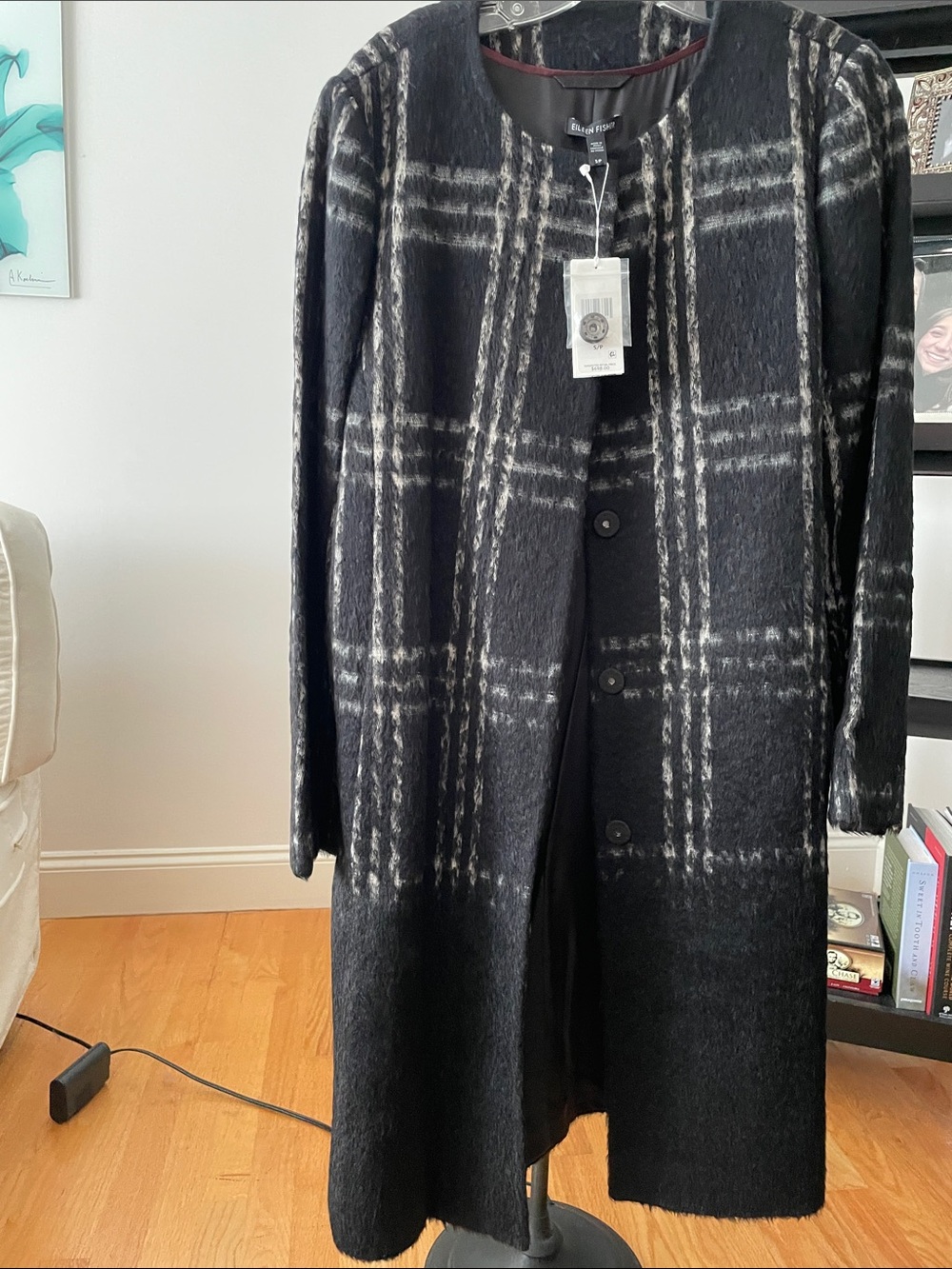 Eileen Fisher Black and White Plaid Long Coat